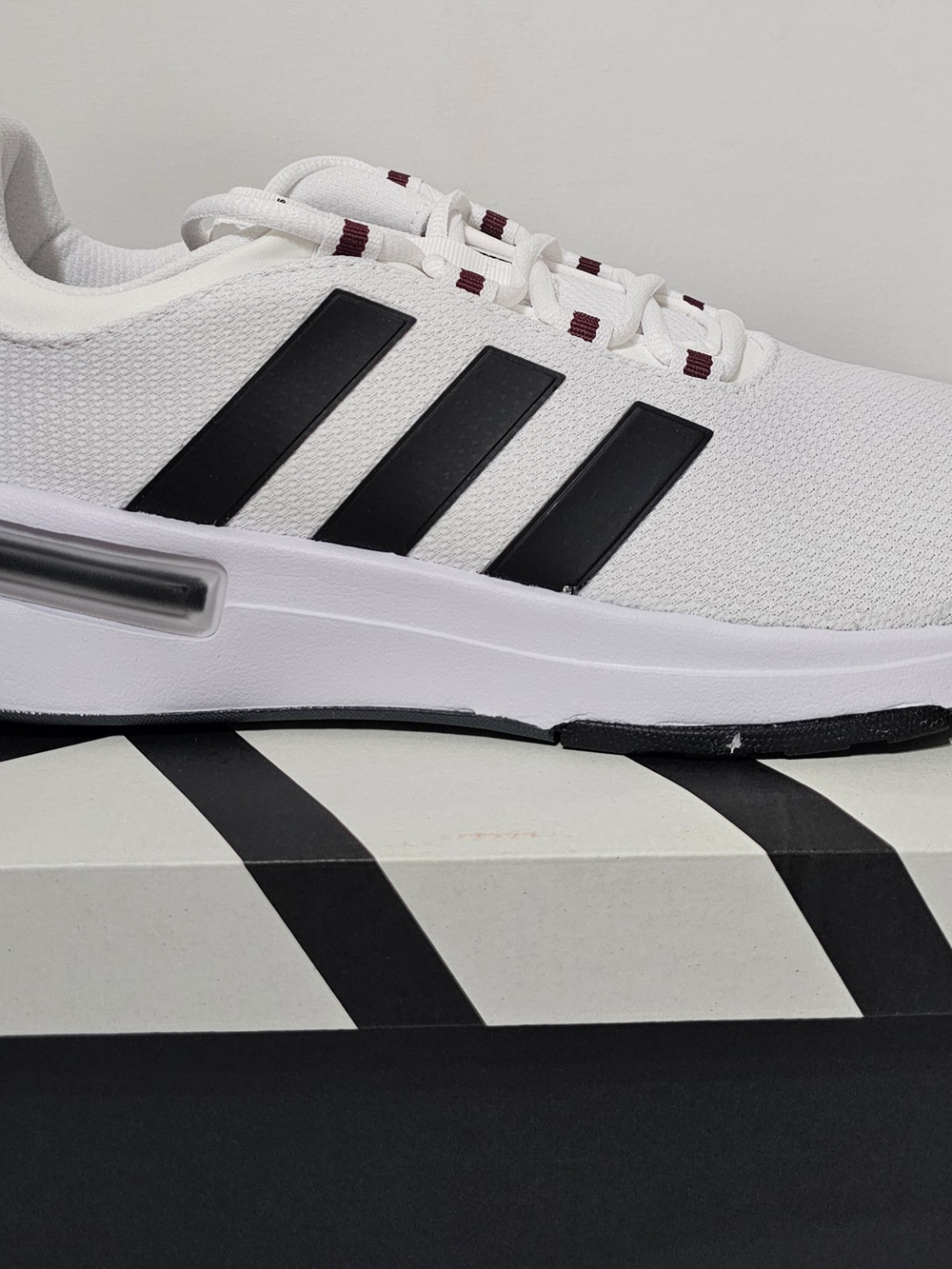 Adidas Racers White Sneakers with Black Three-Stripes With Maroon Accents
